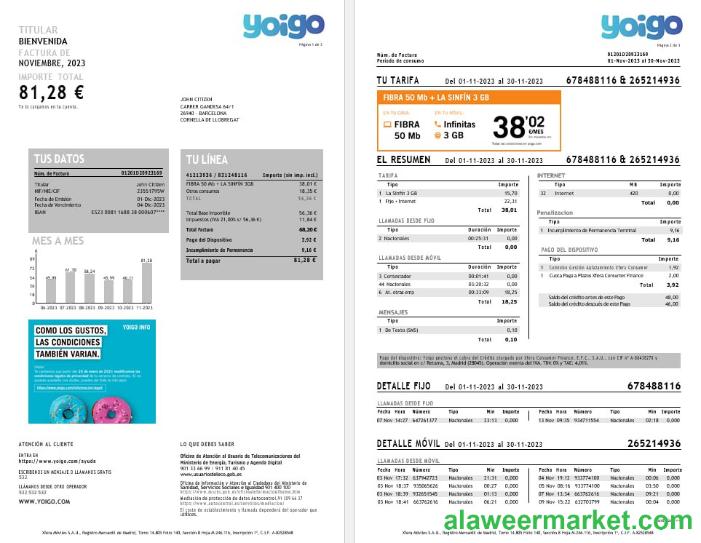 Spain Yoigo internet utility  bill in Word and PDF formats, 3 pages